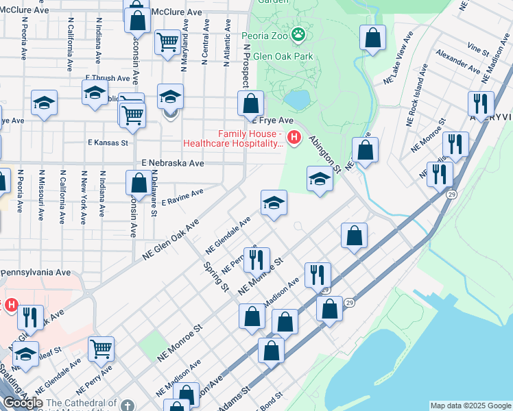 map of restaurants, bars, coffee shops, grocery stores, and more near 1601 Northeast Glendale Avenue in Peoria