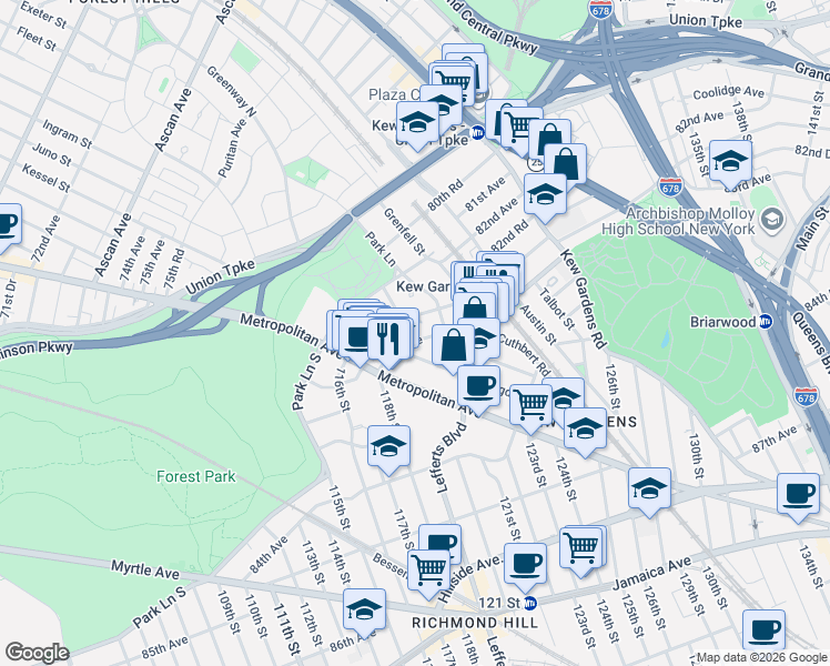 map of restaurants, bars, coffee shops, grocery stores, and more near 119-29 83rd Avenue in Queens
