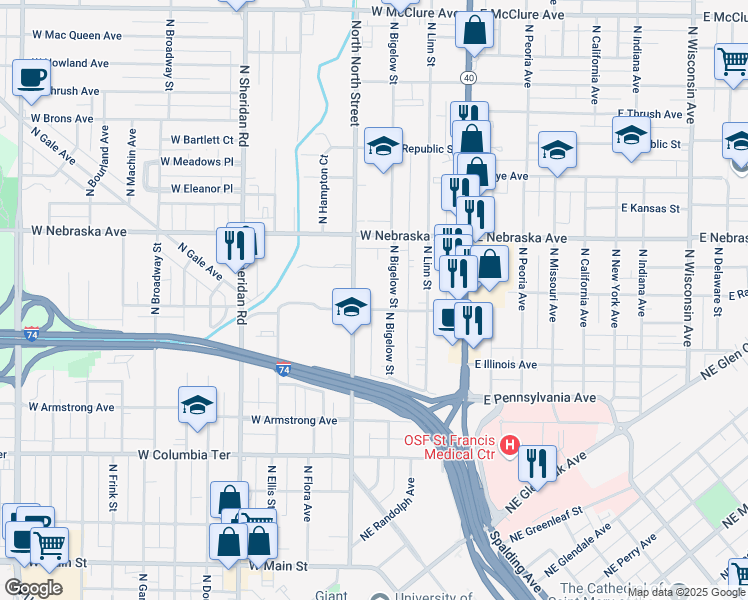 map of restaurants, bars, coffee shops, grocery stores, and more near 1716 North North Street in Peoria