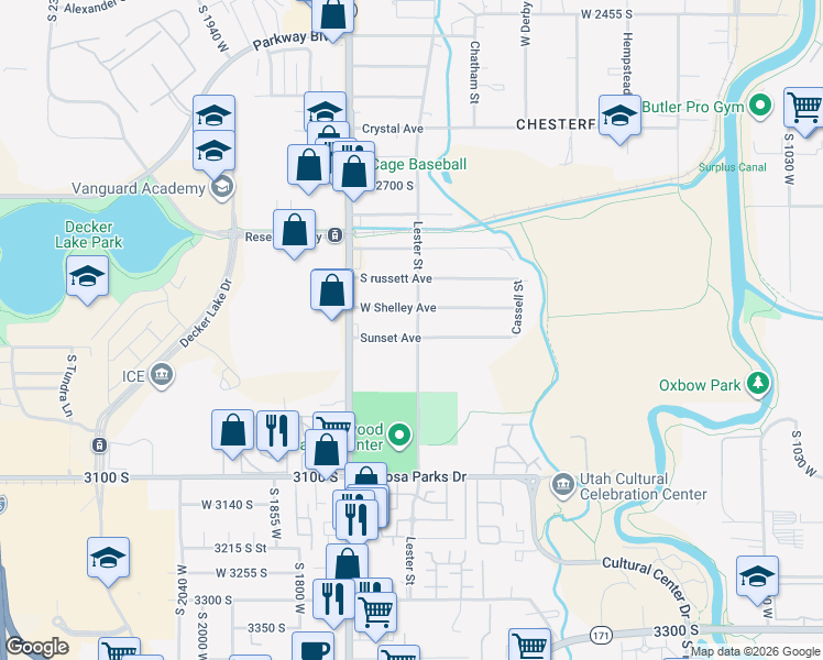 map of restaurants, bars, coffee shops, grocery stores, and more near 1594 Sunset Avenue in West Valley City