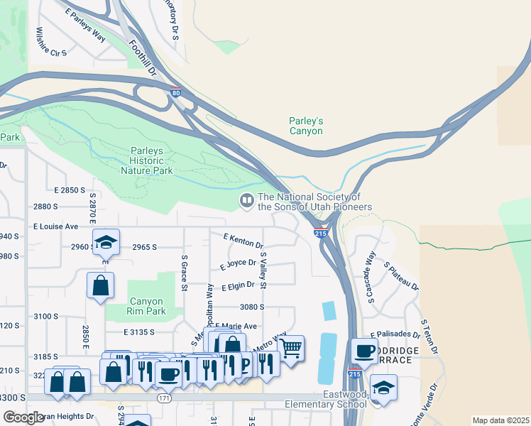 map of restaurants, bars, coffee shops, grocery stores, and more near 3315 East Larchmont Drive in Salt Lake City