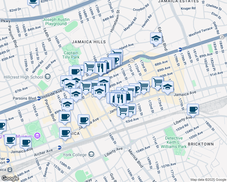 map of restaurants, bars, coffee shops, grocery stores, and more near 89-20 168th Place in Queens