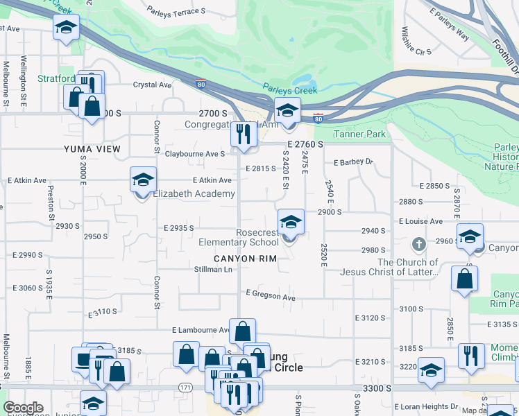 map of restaurants, bars, coffee shops, grocery stores, and more near 2342 Lakeview Drive in Salt Lake City