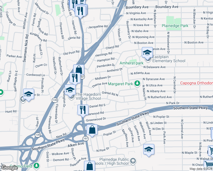 map of restaurants, bars, coffee shops, grocery stores, and more near 2 Thorne Avenue in Massapequa