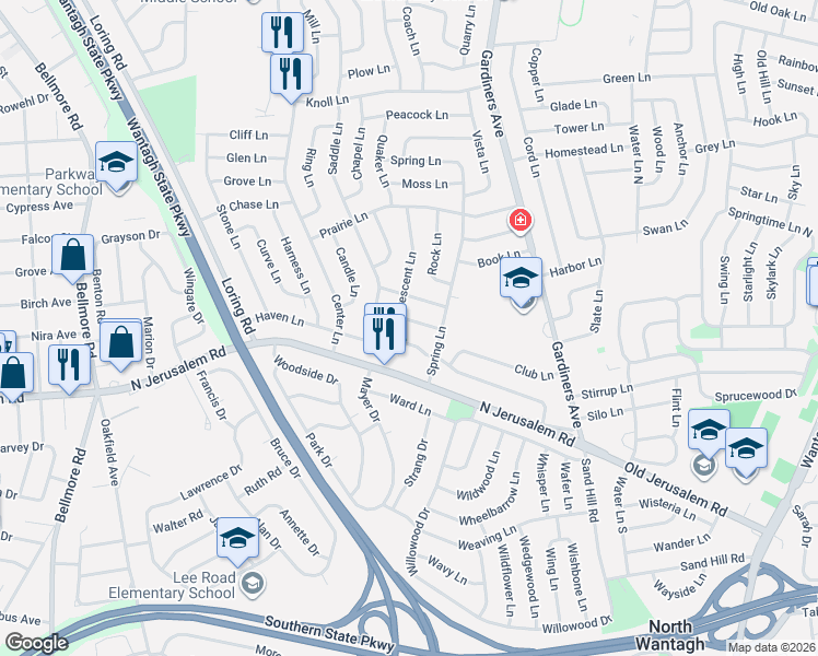 map of restaurants, bars, coffee shops, grocery stores, and more near 68 Crescent Lane in Levittown