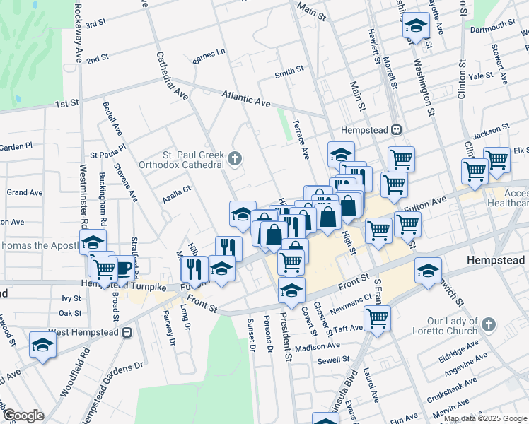 map of restaurants, bars, coffee shops, grocery stores, and more near 12 Mulford Place in Hempstead