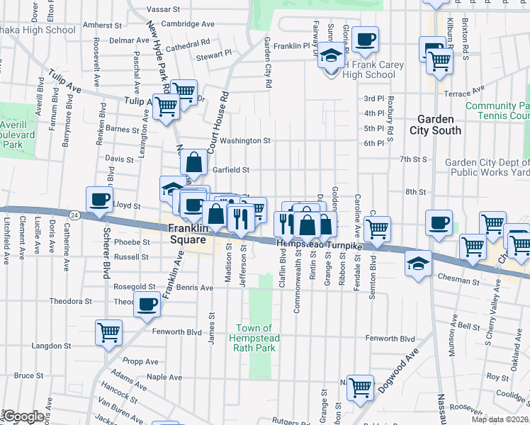 map of restaurants, bars, coffee shops, grocery stores, and more near 53 Lincoln Road in Franklin Square