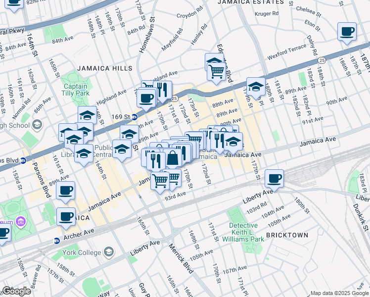 map of restaurants, bars, coffee shops, grocery stores, and more near 90-16 171st Street in Queens