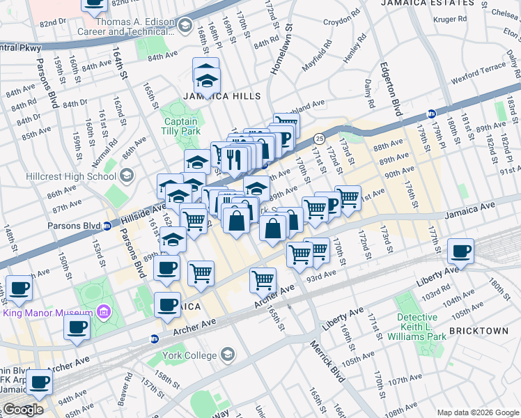 map of restaurants, bars, coffee shops, grocery stores, and more near 166-26 89th Avenue in Queens