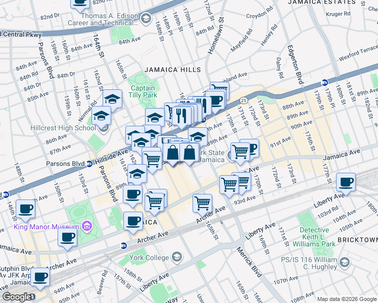 map of restaurants, bars, coffee shops, grocery stores, and more near 88-05 Merrick Boulevard in Queens