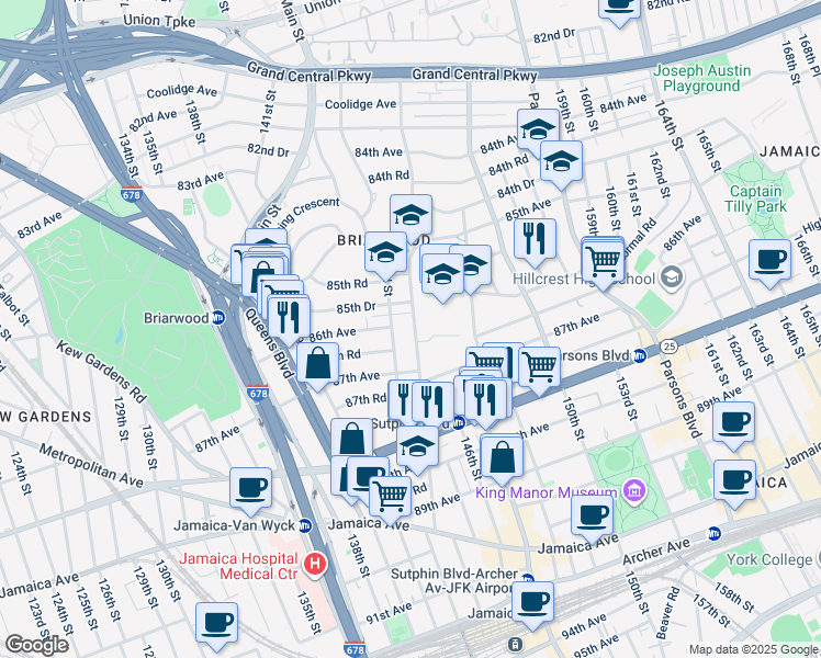 map of restaurants, bars, coffee shops, grocery stores, and more near 85-71 144th Street in Queens