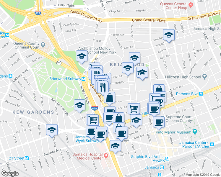 map of restaurants, bars, coffee shops, grocery stores, and more near 139-22 86th Avenue in Queens