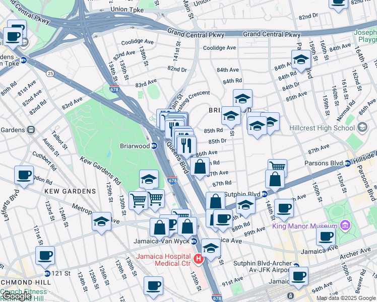 map of restaurants, bars, coffee shops, grocery stores, and more near 139-22 86th Avenue in Queens