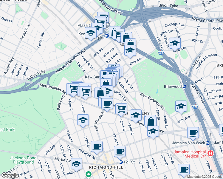 map of restaurants, bars, coffee shops, grocery stores, and more near 84-15 Cuthbert Road in Queens