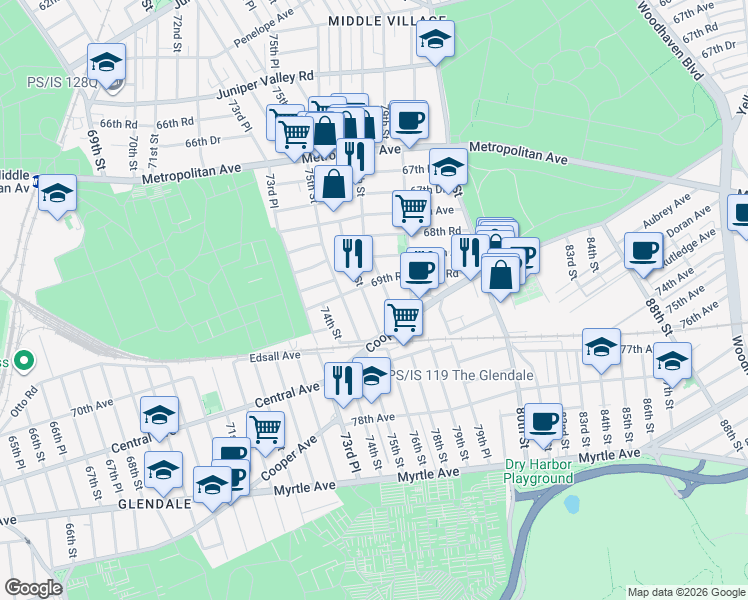 map of restaurants, bars, coffee shops, grocery stores, and more near 76-04 69th Road in Queens
