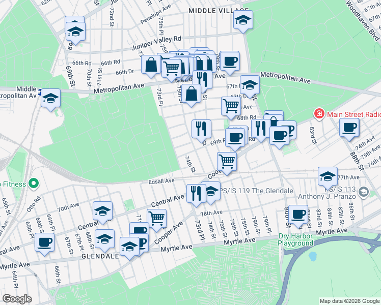 map of restaurants, bars, coffee shops, grocery stores, and more near 69-40 75th Street in Queens