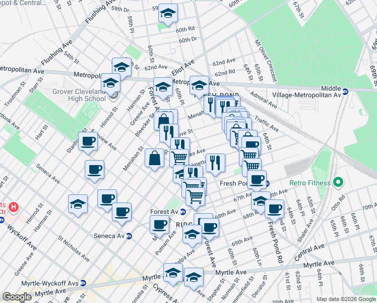 map of restaurants, bars, coffee shops, grocery stores, and more near 65-06 60th Place in Queens