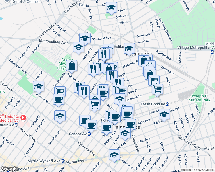 map of restaurants, bars, coffee shops, grocery stores, and more near 21-12 Grove Street in Queens
