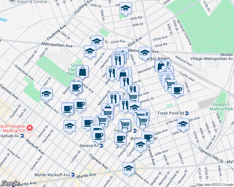 map of restaurants, bars, coffee shops, grocery stores, and more near 21-12 Grove Street in Queens
