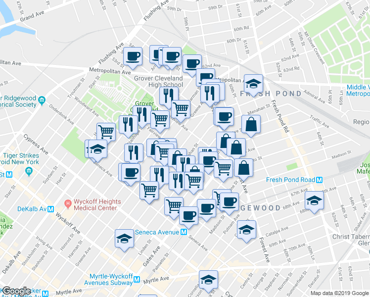 map of restaurants, bars, coffee shops, grocery stores, and more near 20-13 Bleecker Street in Queens