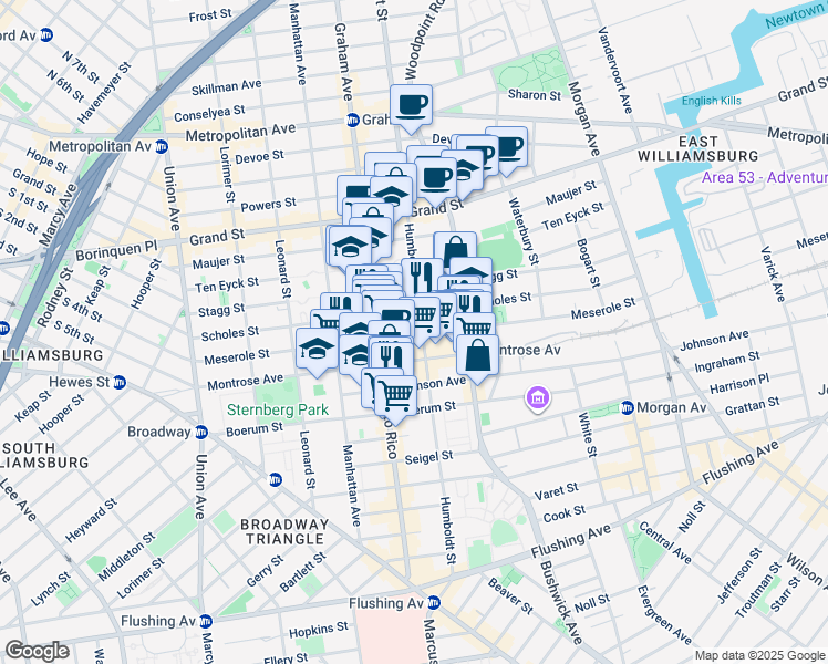 map of restaurants, bars, coffee shops, grocery stores, and more near 165 Meserole Street in Brooklyn
