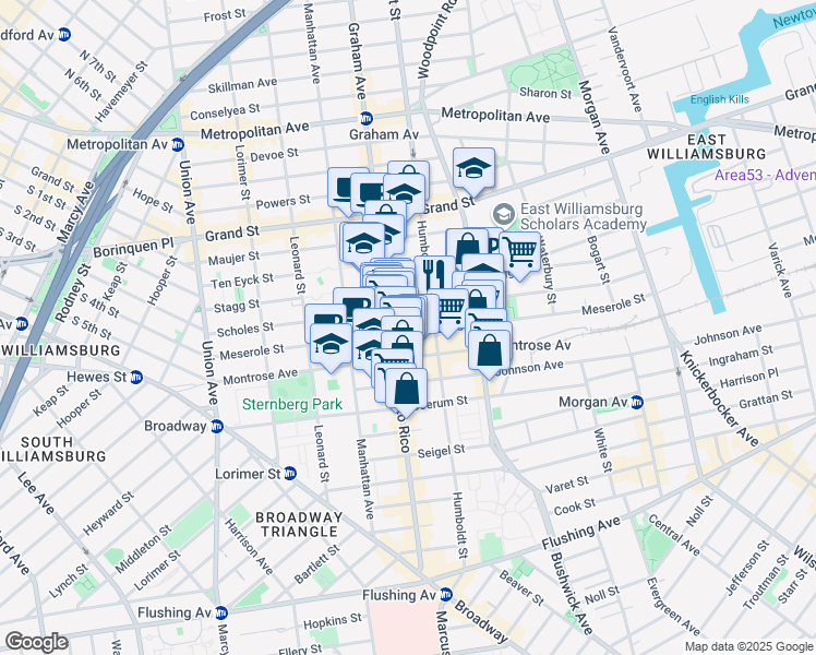 map of restaurants, bars, coffee shops, grocery stores, and more near 165 Meserole Street in Brooklyn