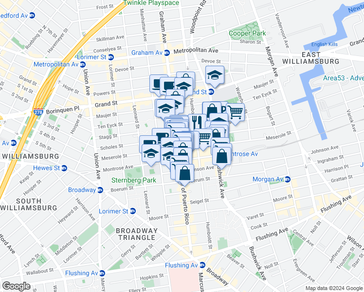map of restaurants, bars, coffee shops, grocery stores, and more near 165 Meserole Street in Brooklyn