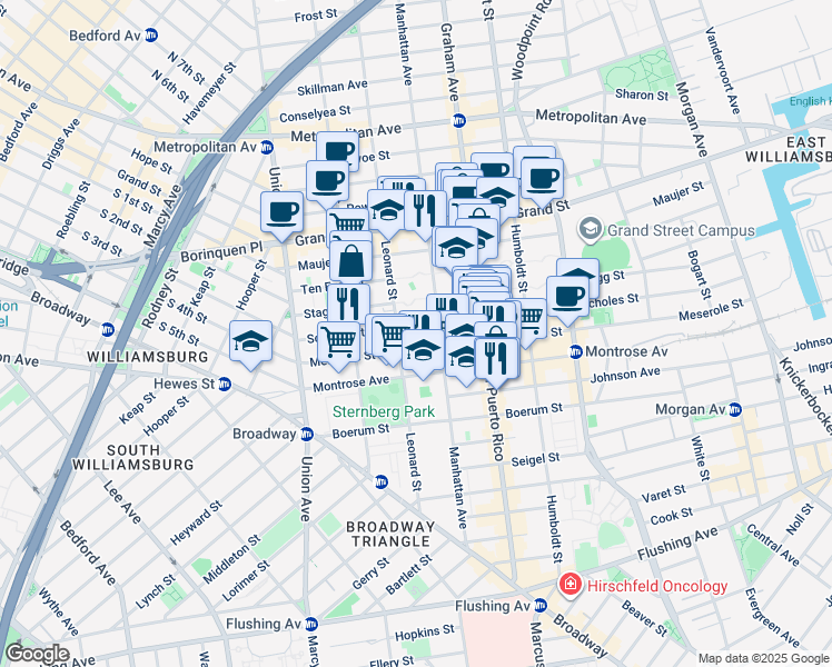 map of restaurants, bars, coffee shops, grocery stores, and more near 108 Scholes Street in Brooklyn
