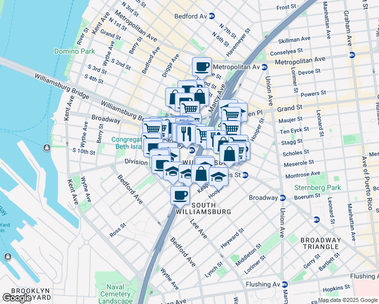 map of restaurants, bars, coffee shops, grocery stores, and more near 312 Broadway in Brooklyn