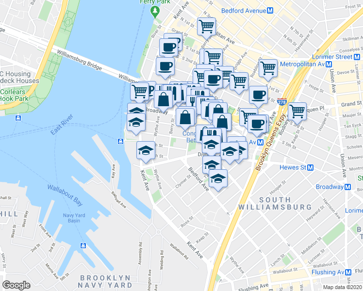 map of restaurants, bars, coffee shops, grocery stores, and more near 100 South 9th Street in Brooklyn