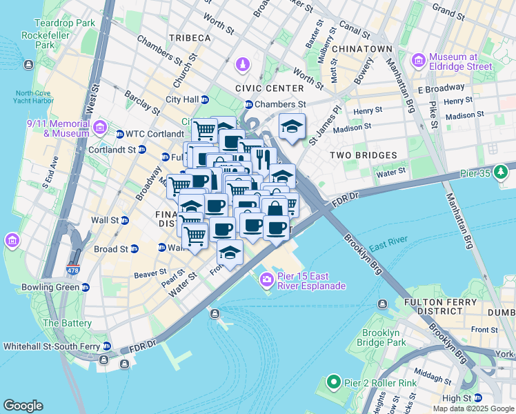 map of restaurants, bars, coffee shops, grocery stores, and more near 46 Cliff Street in New York