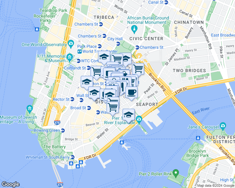 map of restaurants, bars, coffee shops, grocery stores, and more near 106 William Street in New York