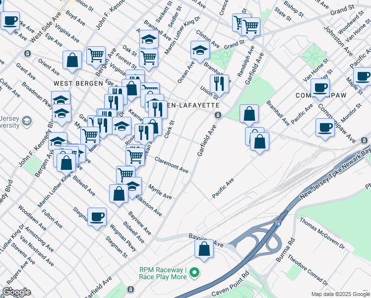map of restaurants, bars, coffee shops, grocery stores, and more near 190 Arlington Avenue in Jersey City