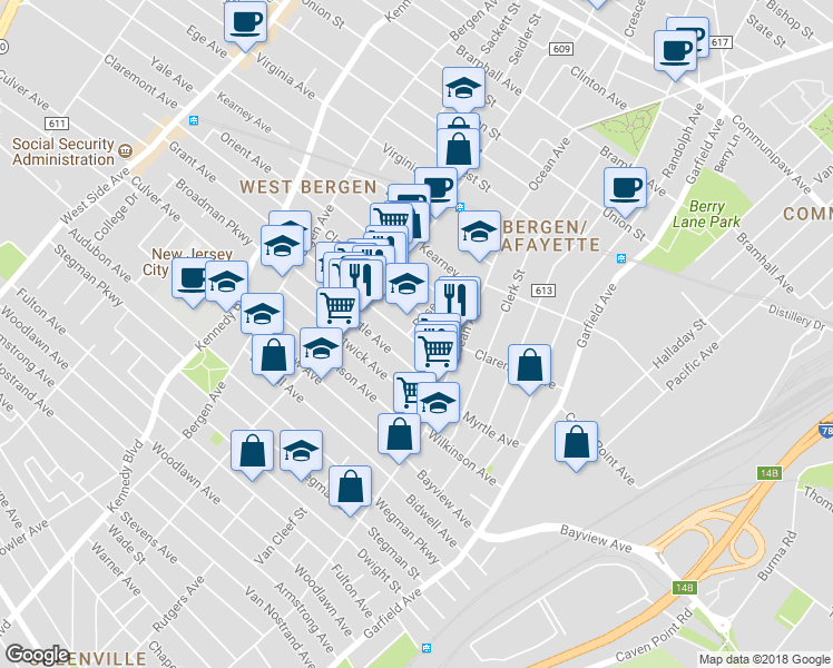map of restaurants, bars, coffee shops, grocery stores, and more near 402 Rose Avenue in Jersey City