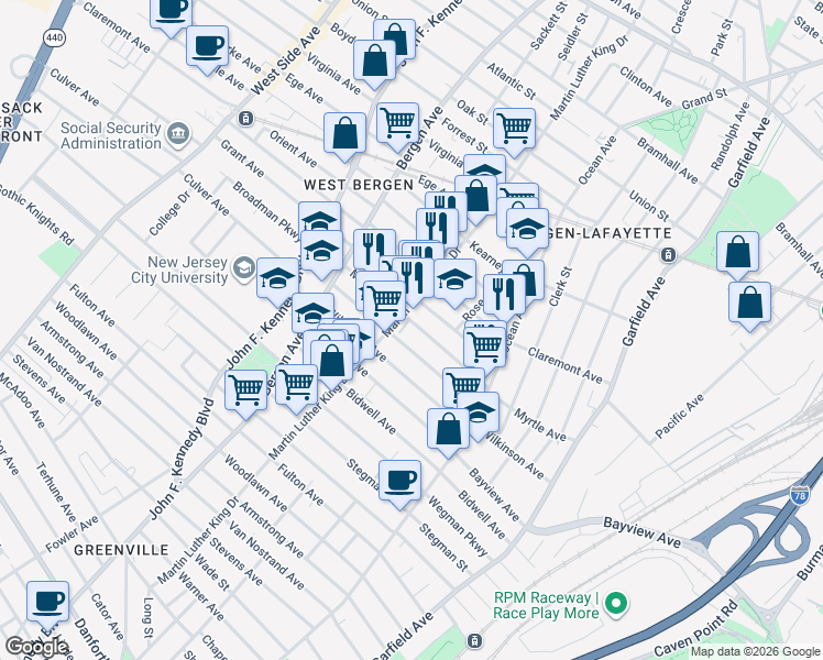 map of restaurants, bars, coffee shops, grocery stores, and more near 146 Myrtle Avenue in Jersey City