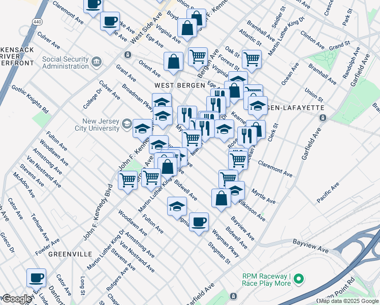 map of restaurants, bars, coffee shops, grocery stores, and more near in Jersey City