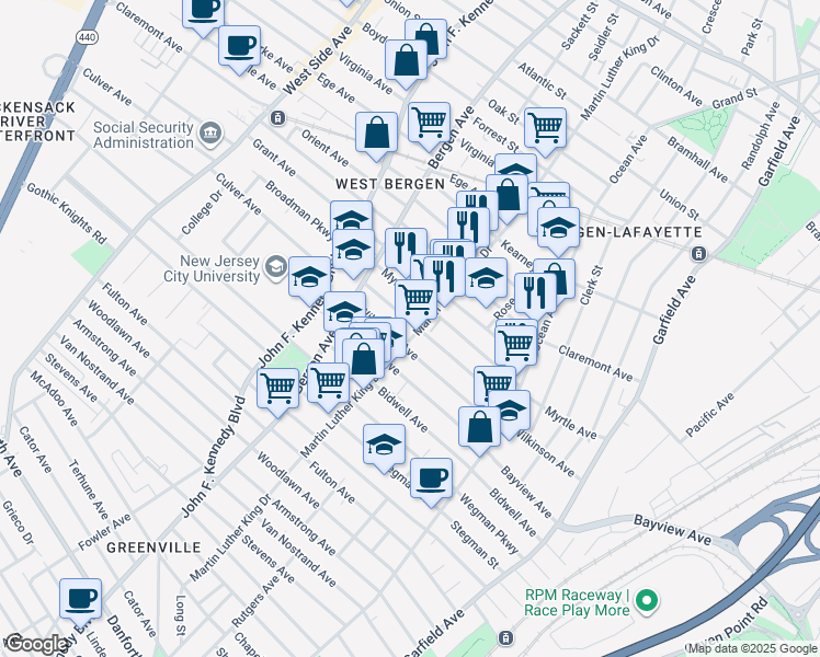 map of restaurants, bars, coffee shops, grocery stores, and more near 275 County Road 609 in Jersey City