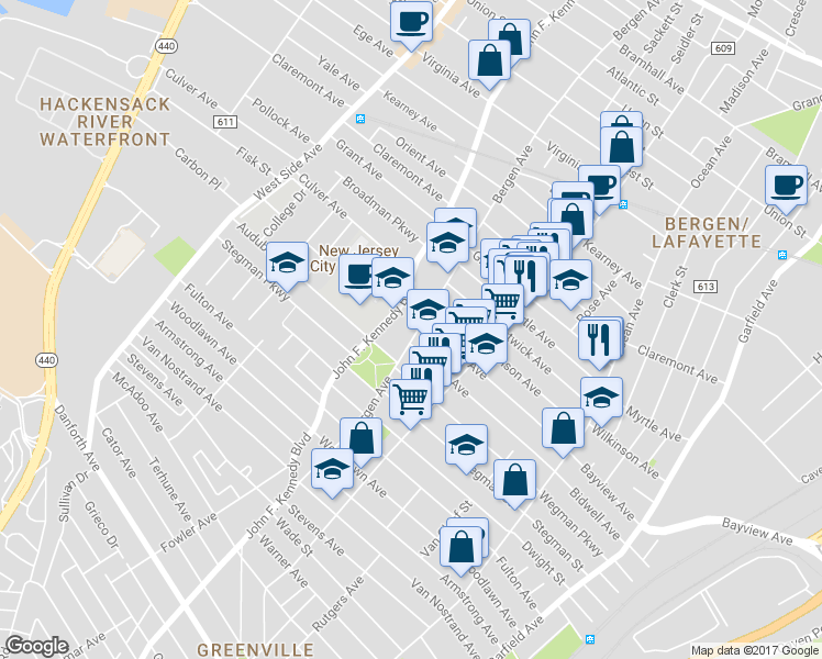 map of restaurants, bars, coffee shops, grocery stores, and more near 176 Bergen Avenue in Jersey City