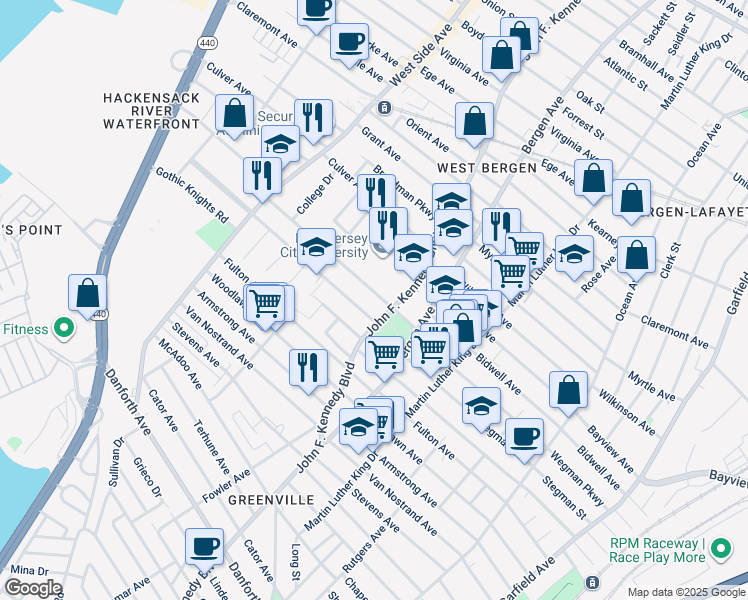 map of restaurants, bars, coffee shops, grocery stores, and more near 49 Audubon Avenue in Jersey City
