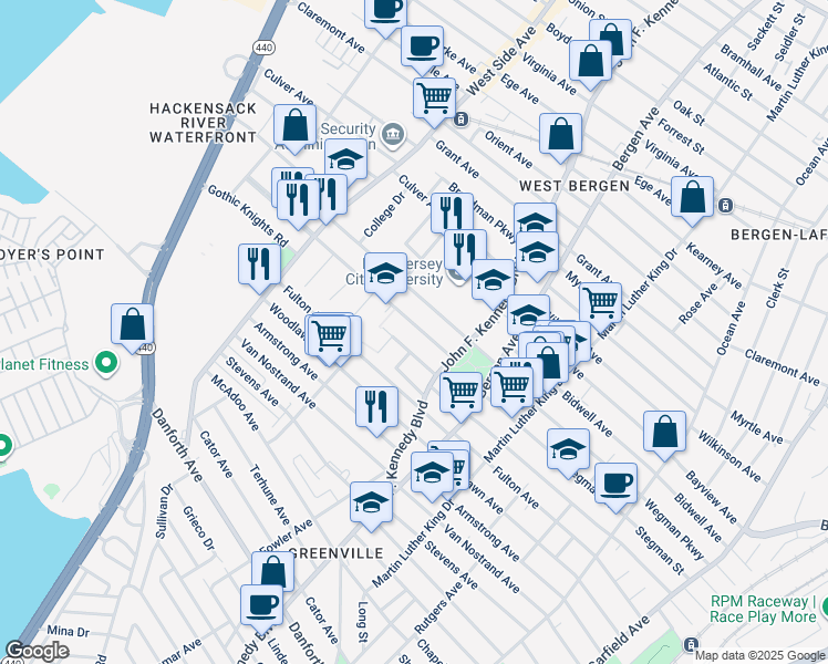 map of restaurants, bars, coffee shops, grocery stores, and more near 317 Stegman Parkway in Jersey City