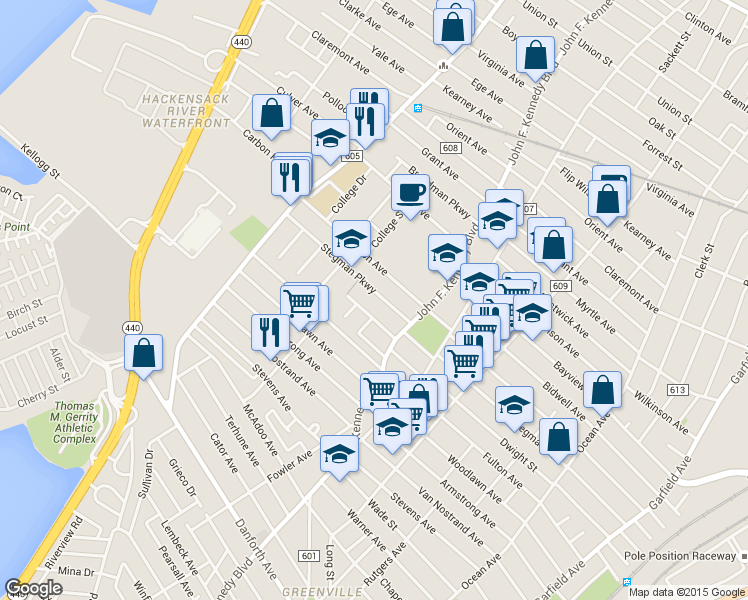 map of restaurants, bars, coffee shops, grocery stores, and more near 317 Stegman Parkway in Jersey City