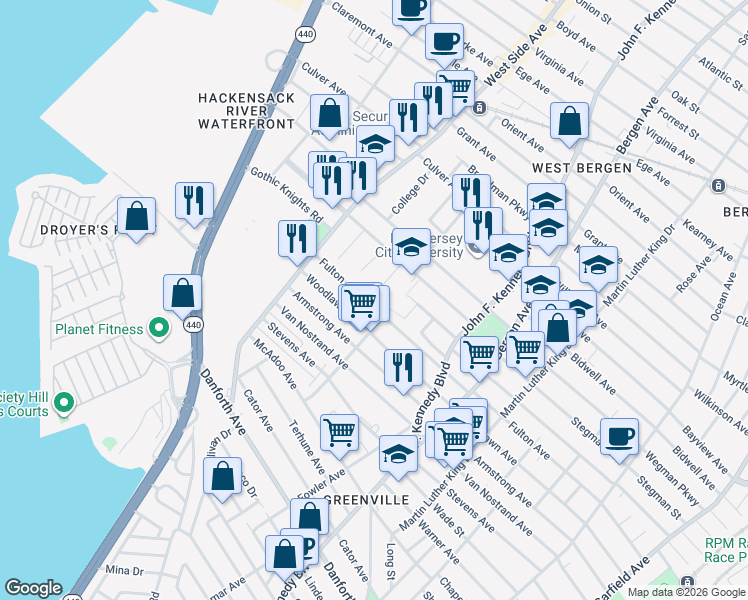 map of restaurants, bars, coffee shops, grocery stores, and more near 362 Fulton Avenue in Jersey City