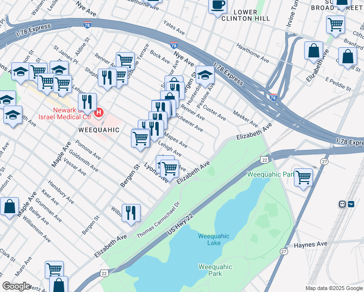 map of restaurants, bars, coffee shops, grocery stores, and more near 15 Mapes Place in Newark