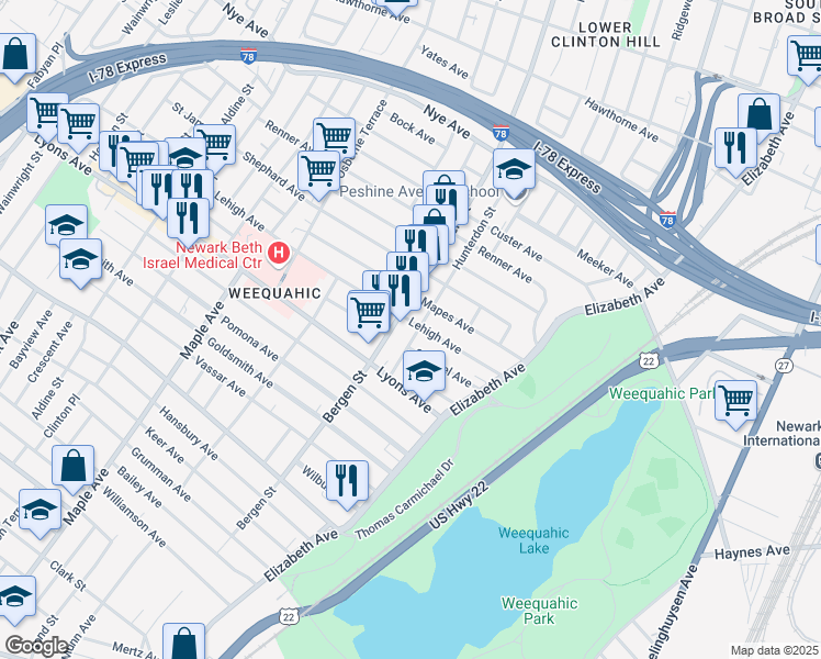 map of restaurants, bars, coffee shops, grocery stores, and more near 77 Lehigh Avenue in Newark