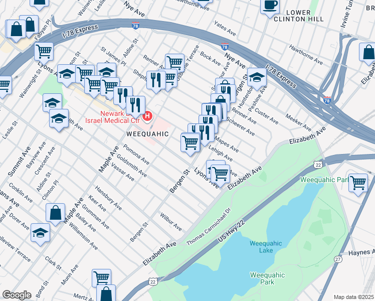 map of restaurants, bars, coffee shops, grocery stores, and more near 32 Harding Terrace in Newark