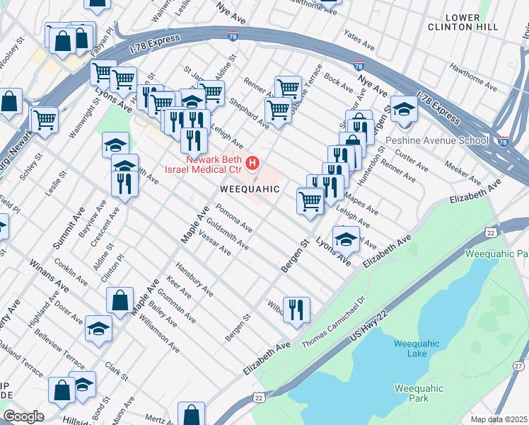 map of restaurants, bars, coffee shops, grocery stores, and more near 130 Lyons Avenue in Newark