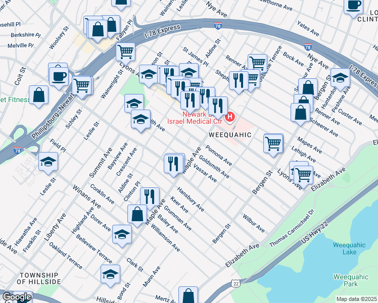 map of restaurants, bars, coffee shops, grocery stores, and more near in Newark