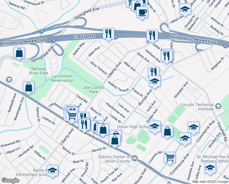 map of restaurants, bars, coffee shops, grocery stores, and more near 2576 Audrey Terrace in Union