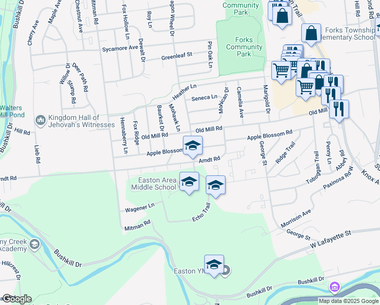 map of restaurants, bars, coffee shops, grocery stores, and more near 639 Apple Blossom Road in Easton