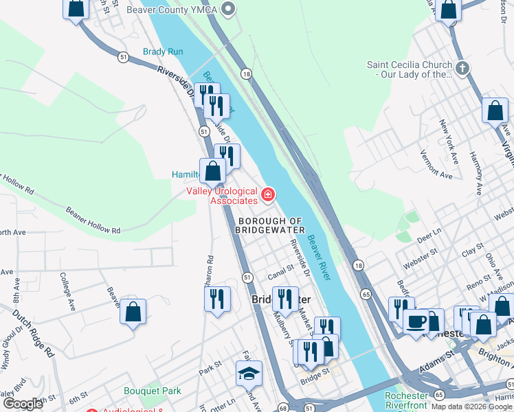 map of restaurants, bars, coffee shops, grocery stores, and more near 1314 Market Street in Beaver